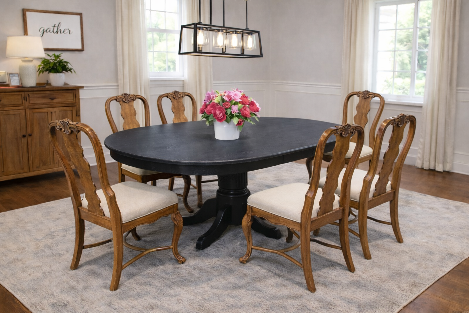 Round black dining table with six wooden chairs in a bright room, pink flowers in the center