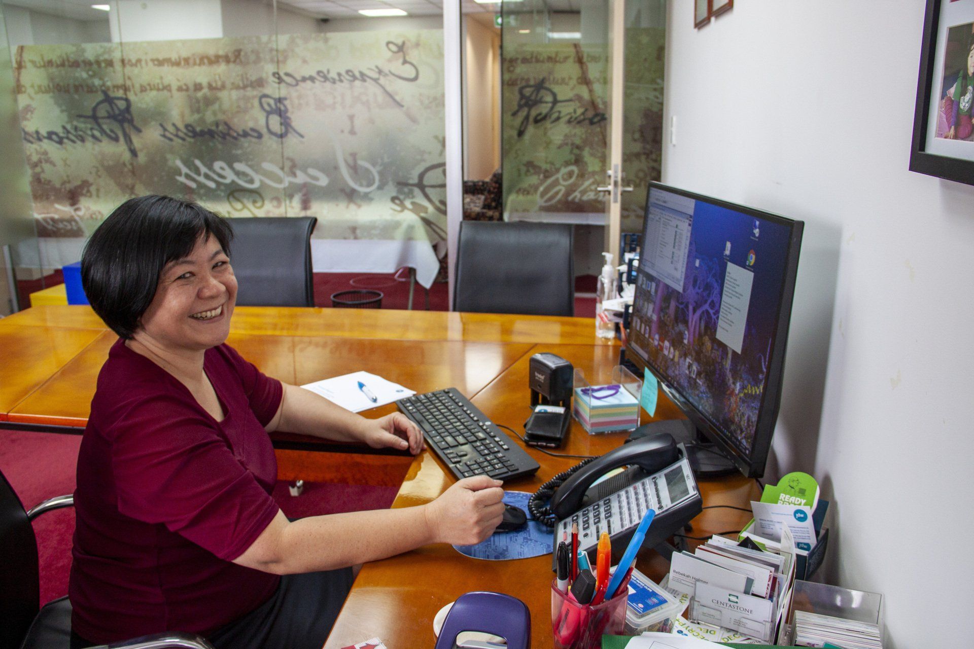 Serena typing in office