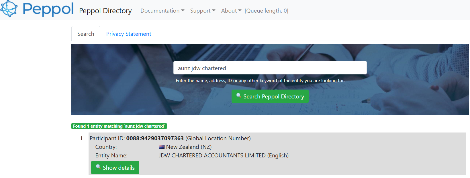Search item on PEPPOL Directory website showing JDW's entry 