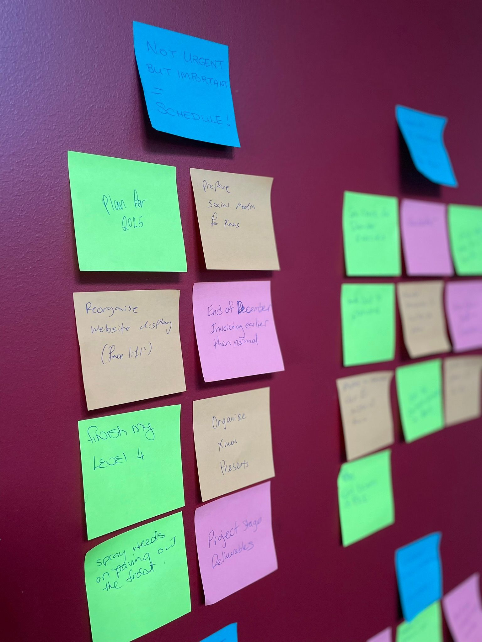 Photo of a collection of colourful Post-It Notes stuck on a red wall.