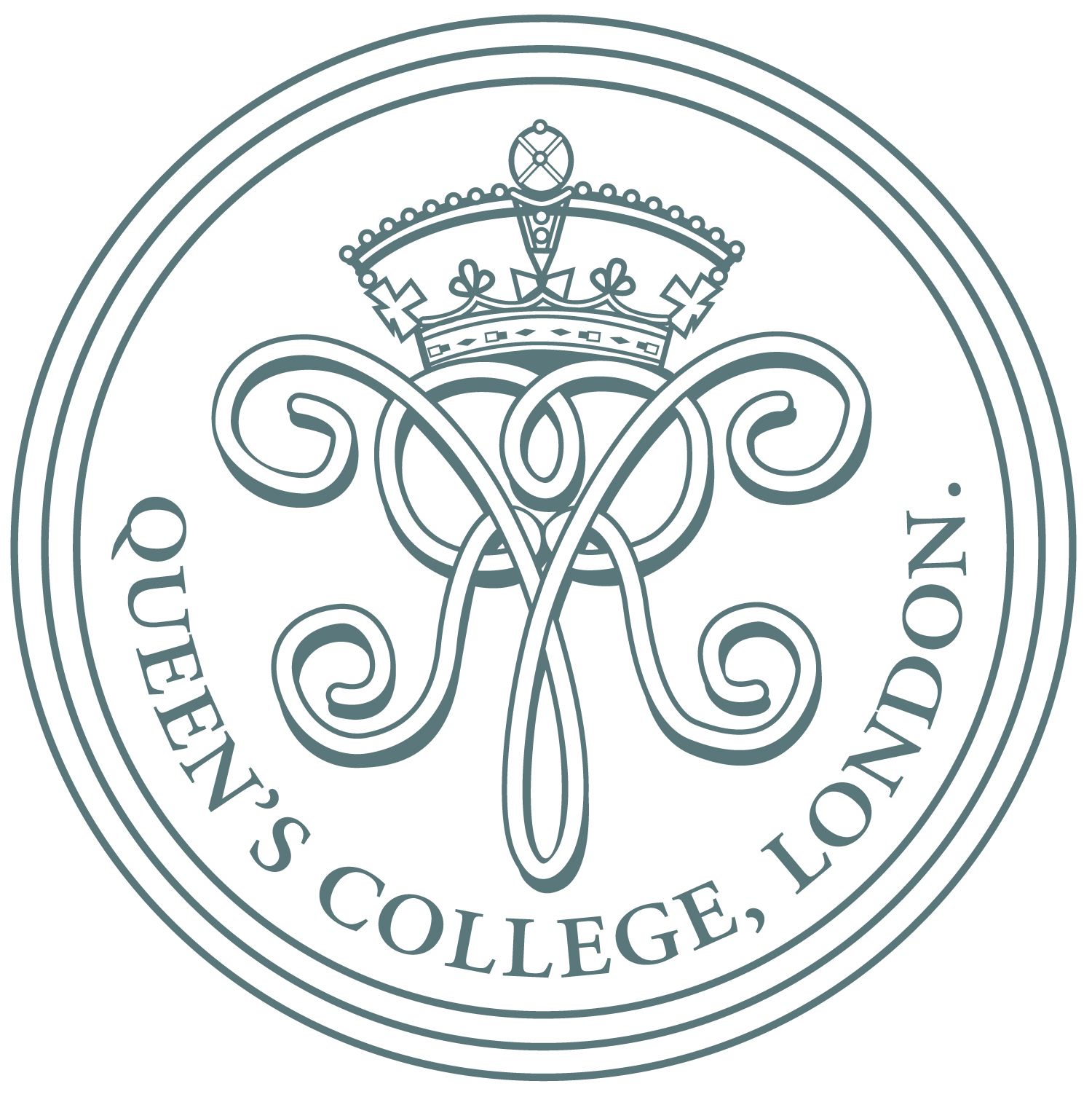 Queen's College, London circular logo with crown and monogram in teal line art
