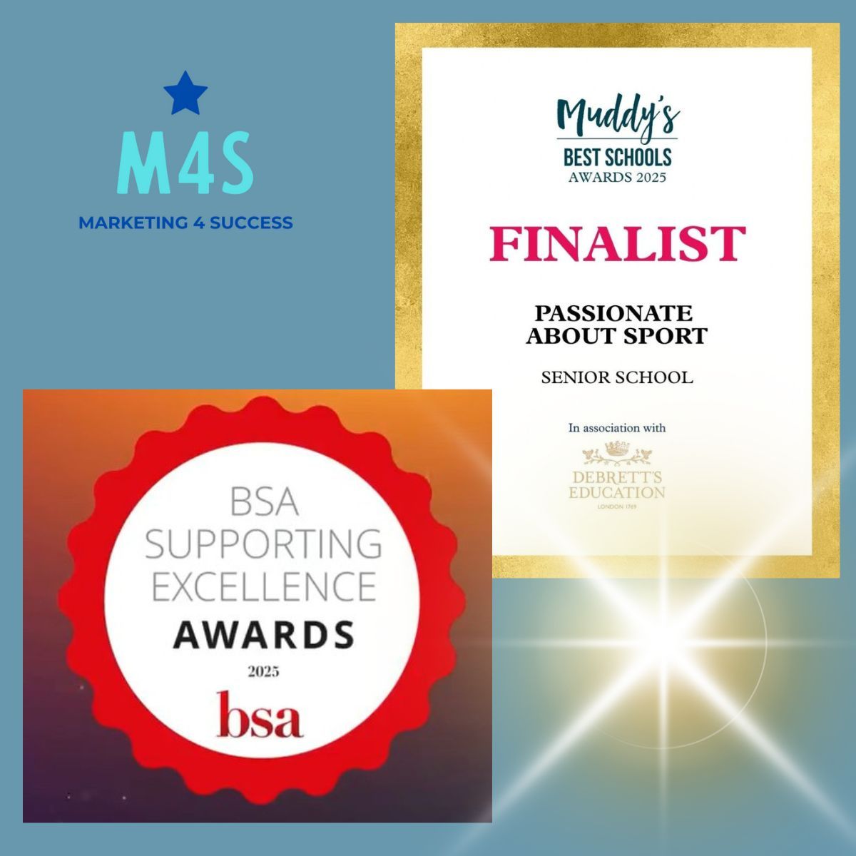 Awards: Muddy's Best Schools finalist; BSA Supporting Excellence Awards. Logos with blue, gold, and red accents.