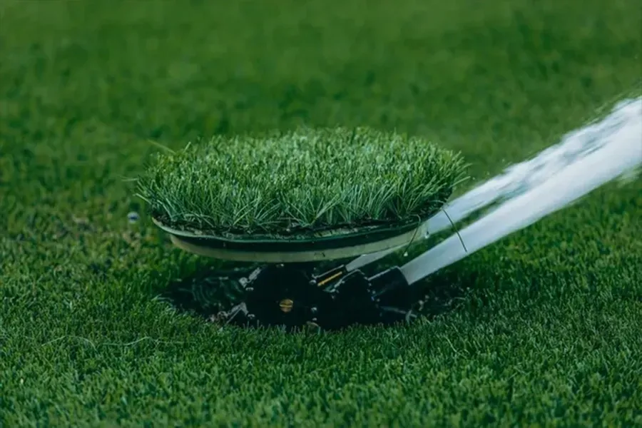 Lawn mower cutting wet green grass close-up with clippings flying aside