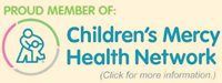 “Proud member of Children’s Mercy Health Network” logo in teal and beige, with child icon and “Click for more information.”