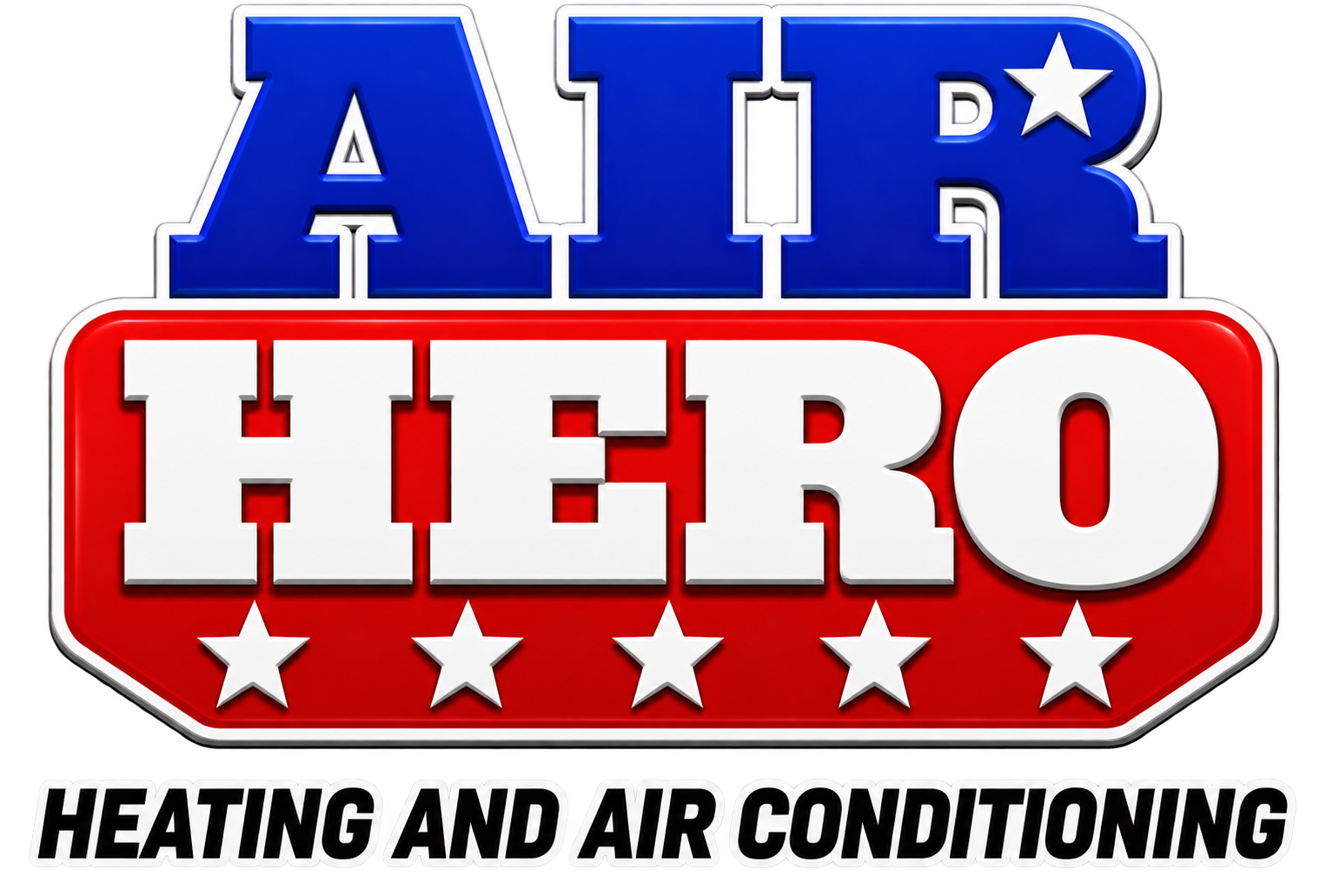 Air Hero Heating and Air Conditioning logo in blue, red, and black with stars