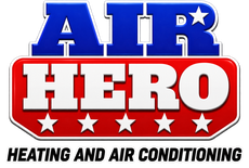 Air Hero Heating and Air Conditioning logo in blue, red, and black with stars