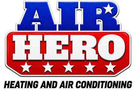 AIR HERO Heating and Air Conditioning logo in blue, red, and white with stars and bold text