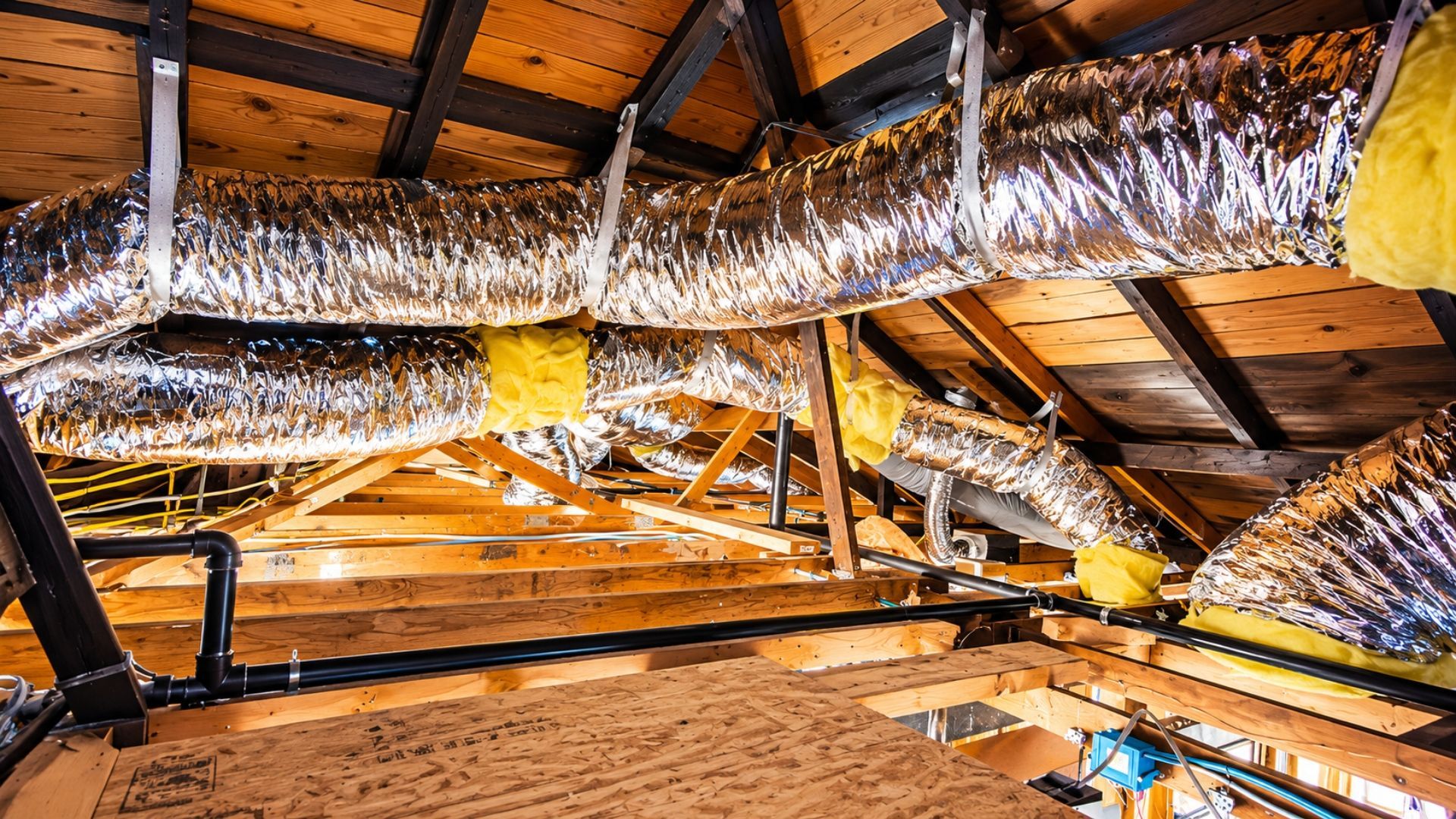 Attic with exposed wooden rafters and shiny insulated ductwork running overhead