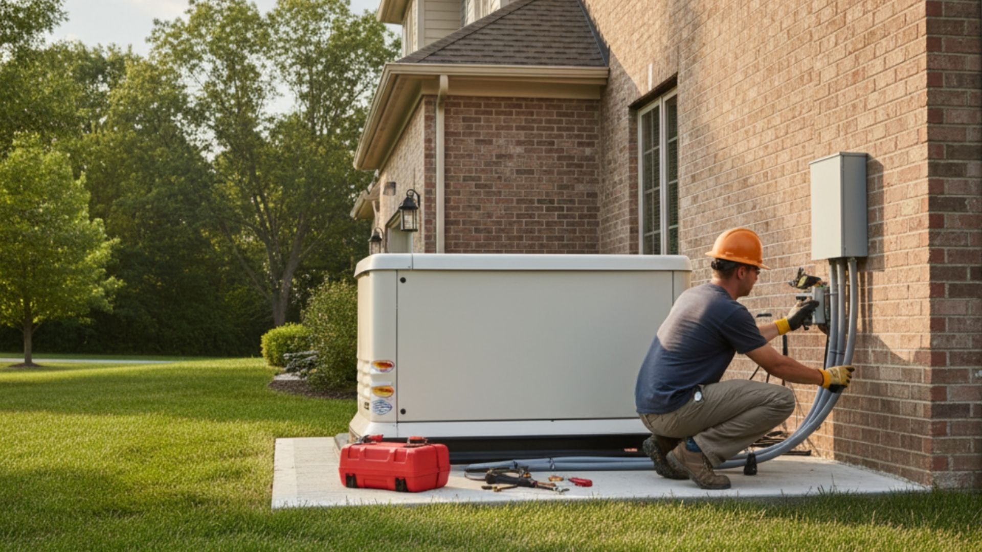 Technician working on an outdoor HVAC unit beside a house, with tools on the grass and a red toolbox nearby.