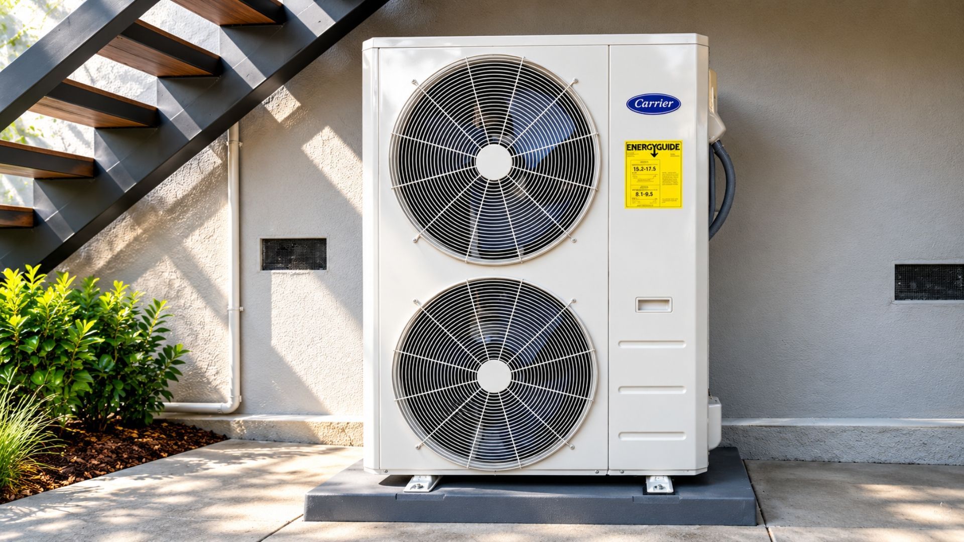 White outdoor air conditioner unit with two large fans beside stairs on a patio.