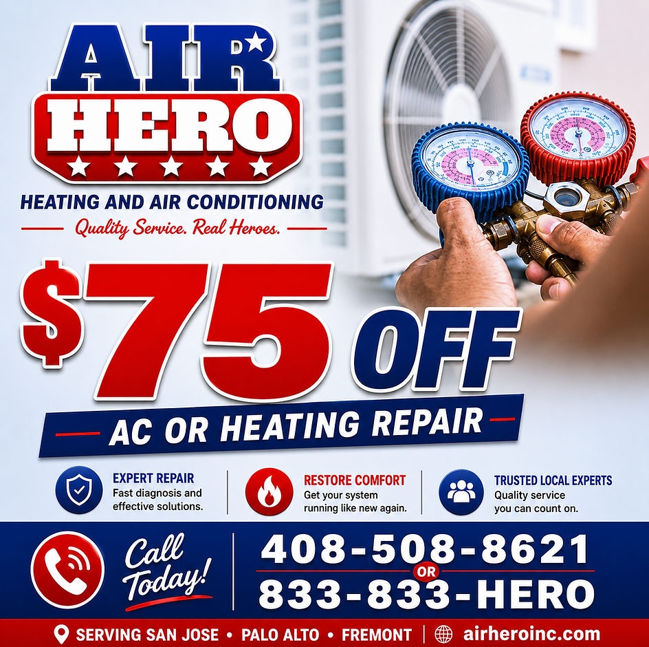 Air Hero HVAC ad with $75 off AC or heating repair and phone numbers, showing gauges on an air conditioner.