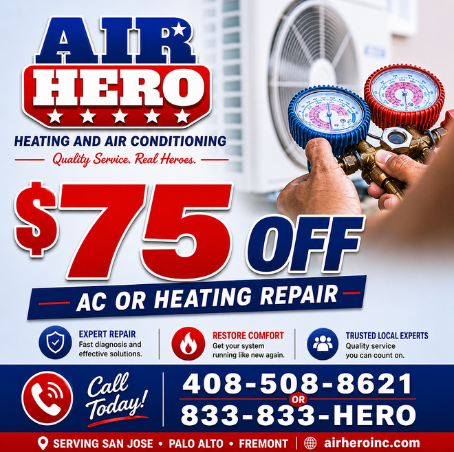 Air Hero HVAC ad with $75 off AC or heating repair and phone numbers, showing gauges on an air conditioner.