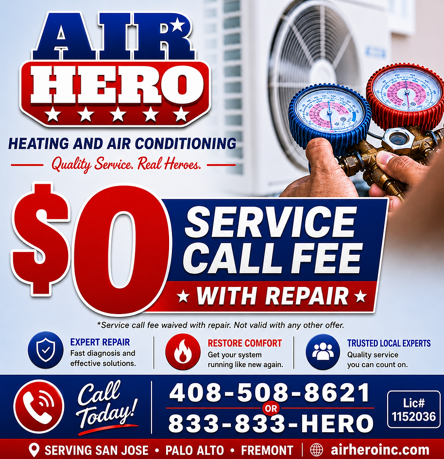 Air Hero HVAC ad with $0 service call fee, repair offer, gauges, and phone number 408-508-8621