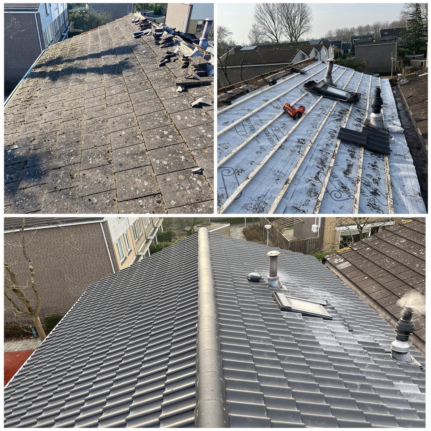 een collage van vier foto's van een dak voor en na de reparatie.