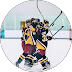 Hockey players in maroon and gold uniforms celebrate on the ice.