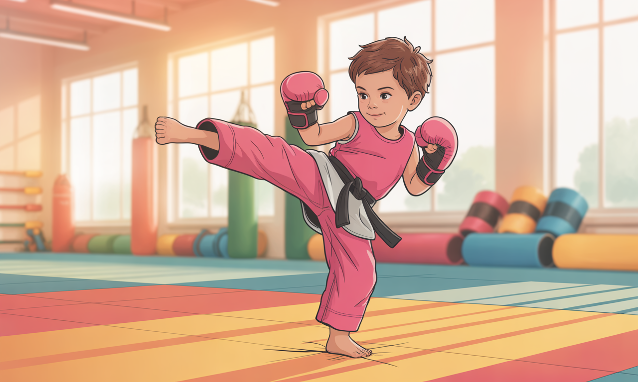 Boy in pink karate uniform kicking in a gym.