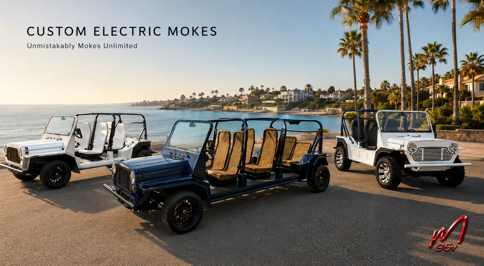 Three electric Mokes parked by the waterfront at sunset, including white and blue open-air carts.