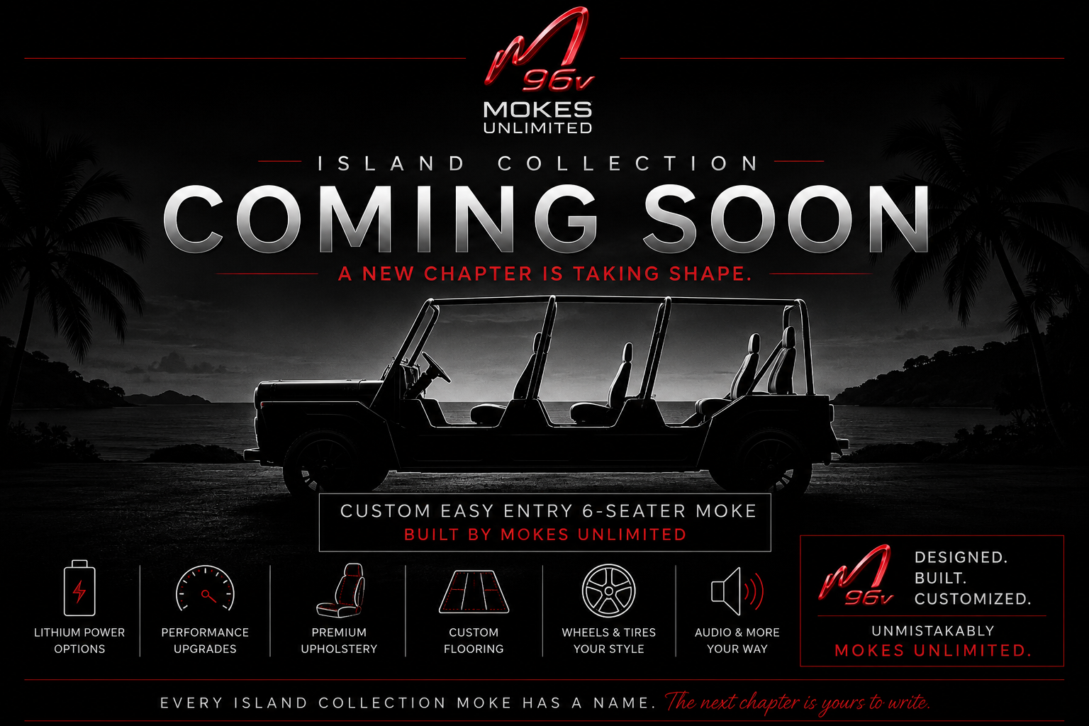 Dark promotional poster with a black car silhouette and large “COMING SOON” text for an island collection.