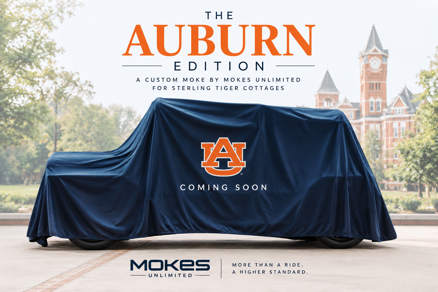 Auburn edition Moke cover with AU logo in front of a historic building and trees