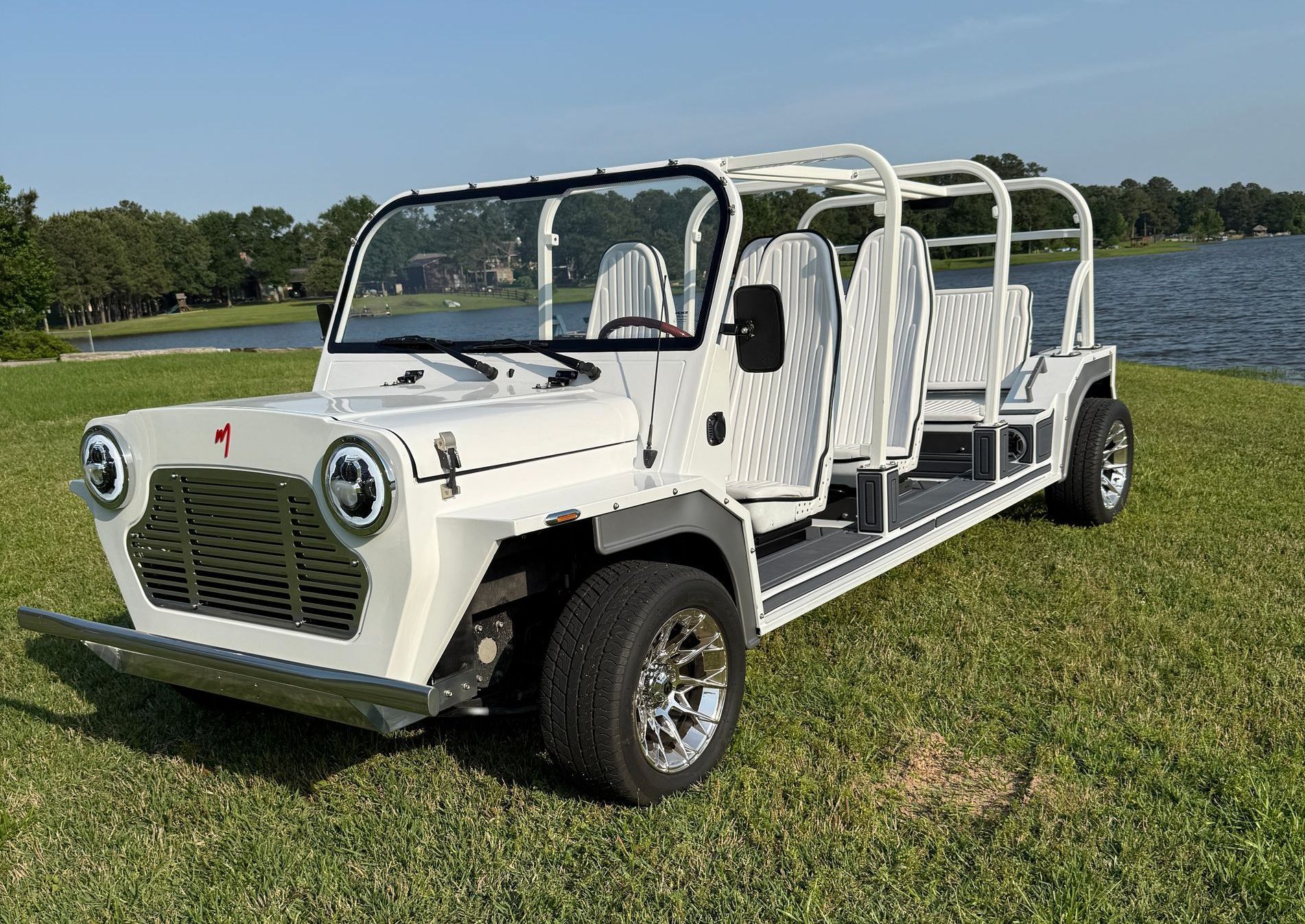White open-air six-seat electric vehicle parked on grass near a lake.