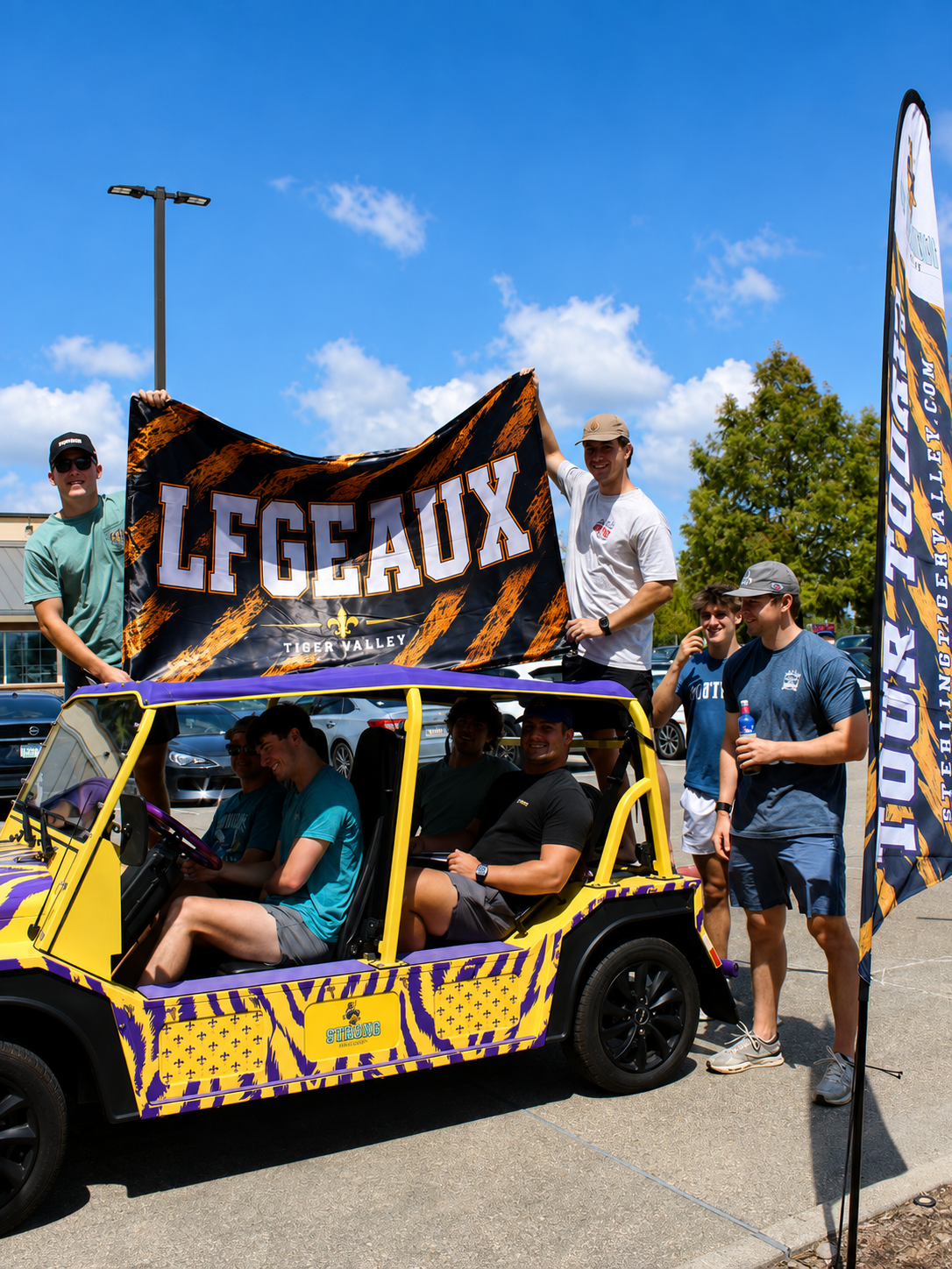 Yellow LSU-themed off-road moke Jeep with tiger graphics on purple-and-gold background, collage-style promo poster