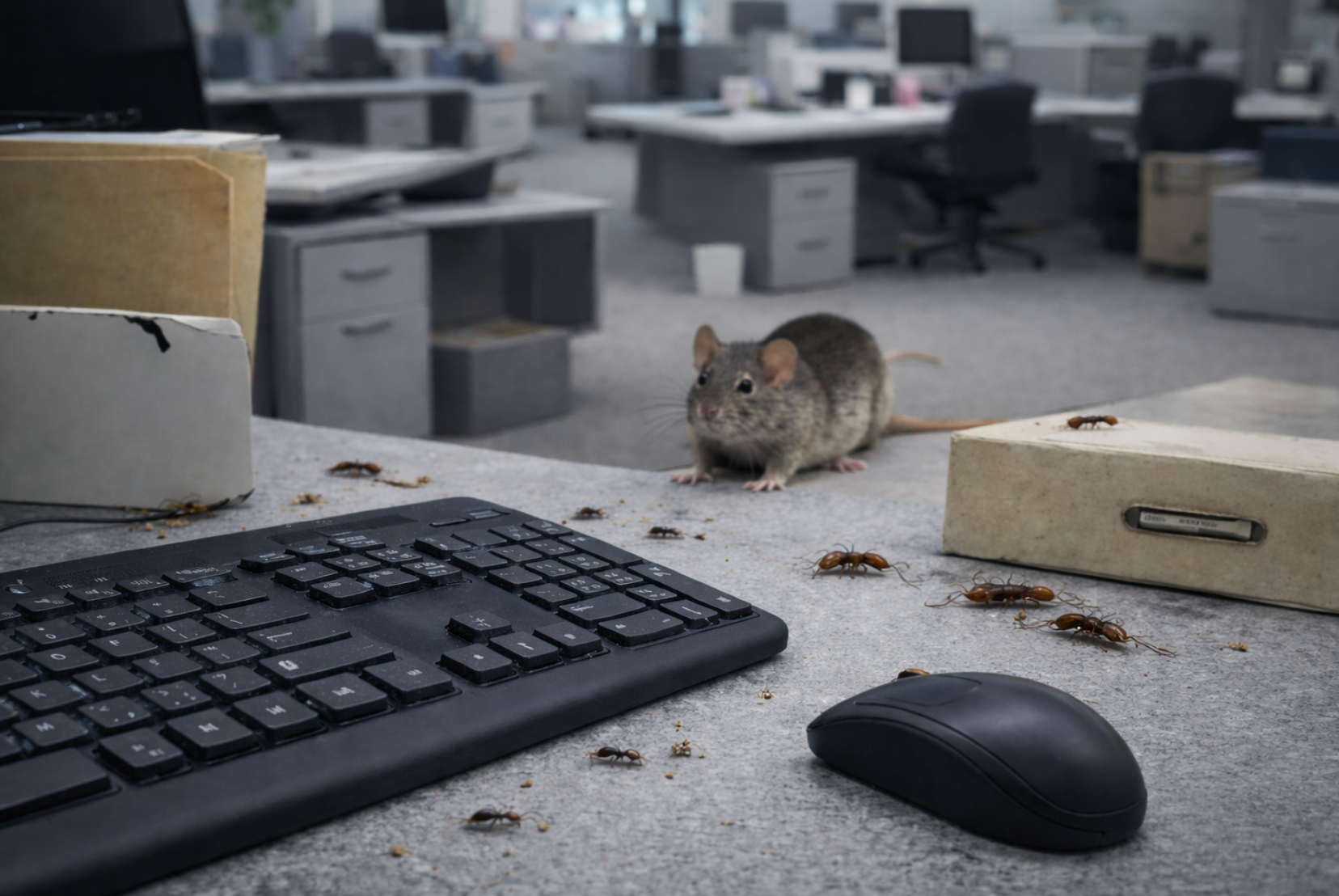 Mouse on an office desk near a keyboard and computer mouse, with scattered debris in a gray workspace.