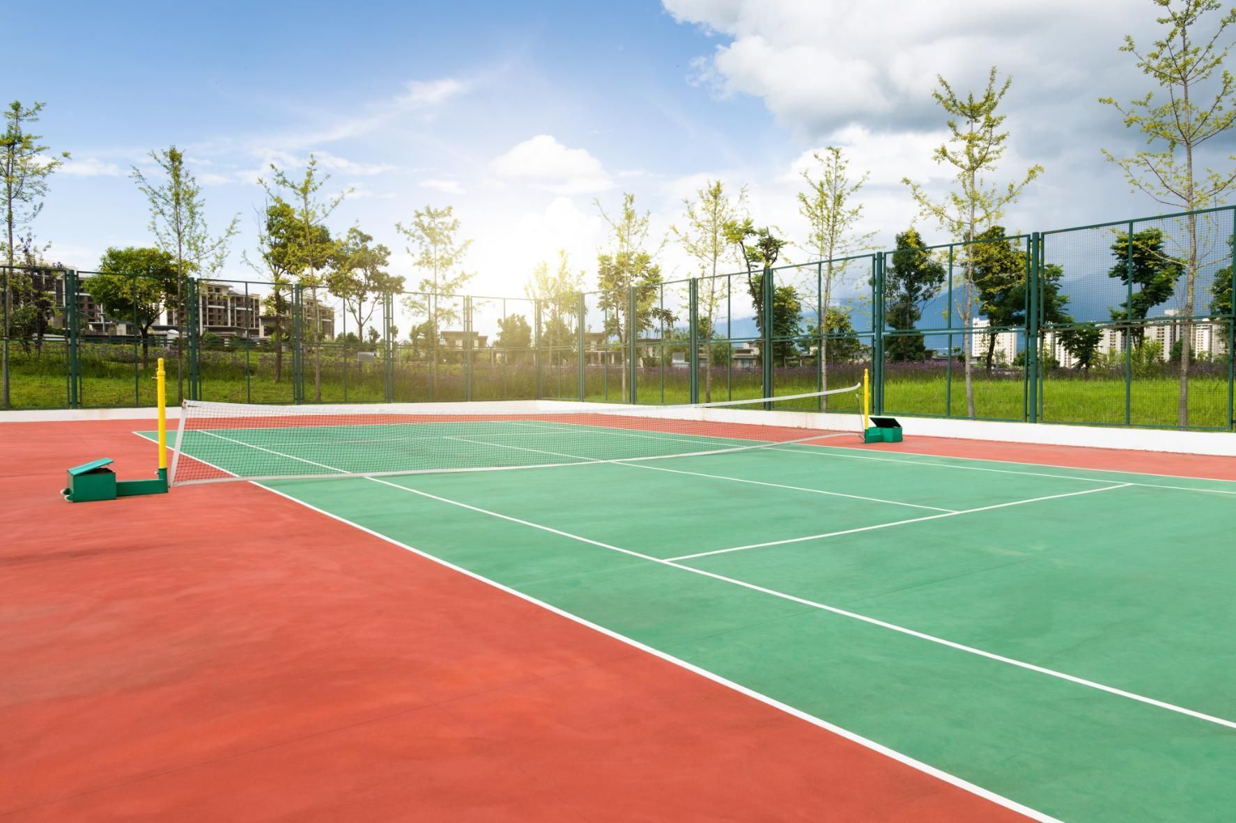 Outdoor badminton court, green playing surface, red surround, net, trees, blue sky, sunny.