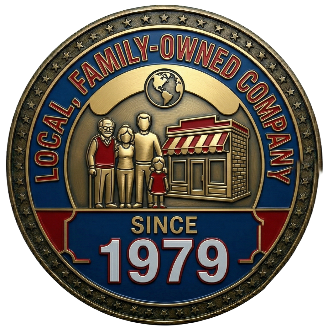 A gold-trimmed emblem with a family, storefront, and globe, text reads 