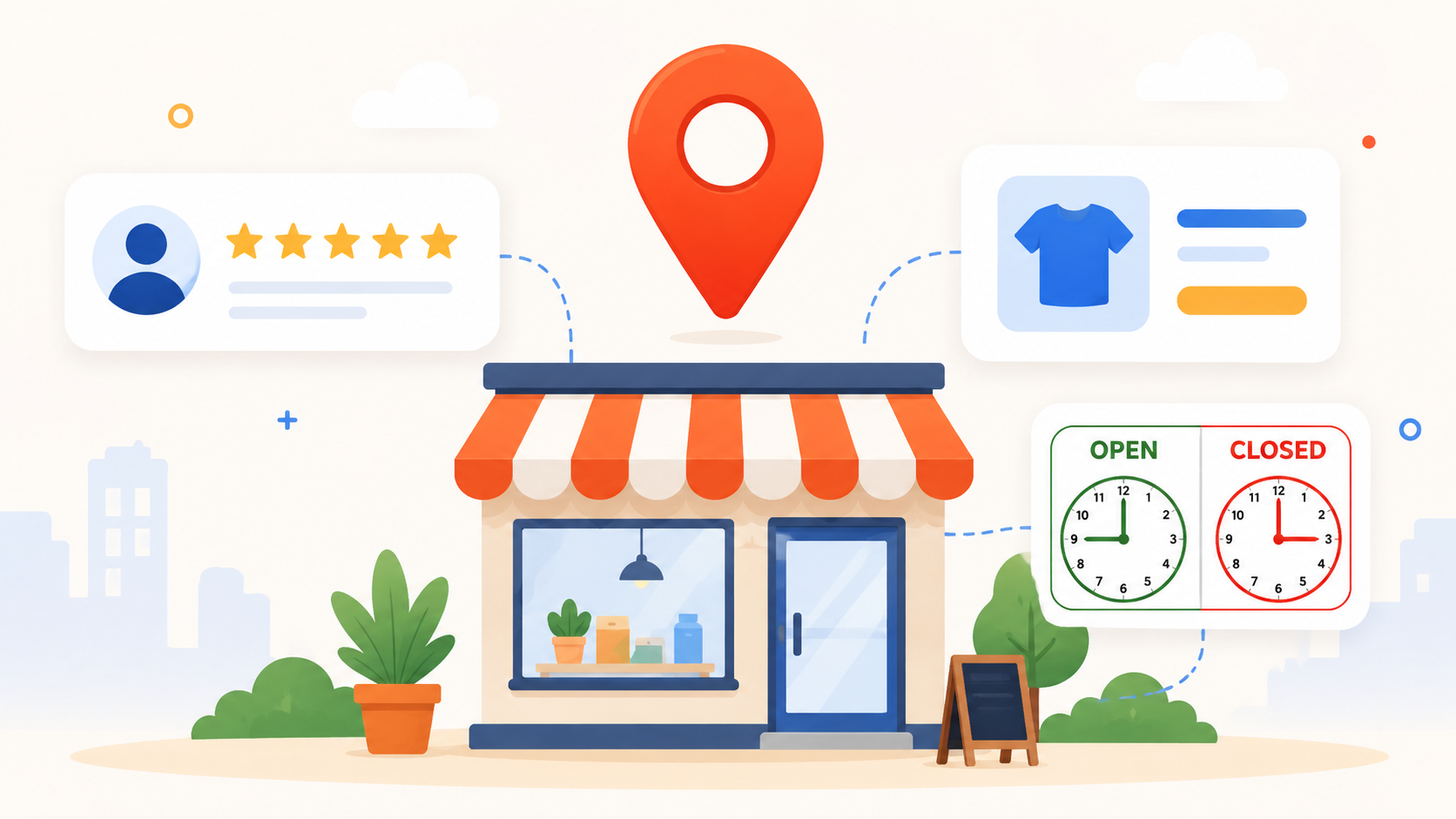 Illustration of a storefront with a map pin above it and small review stars and product card floating nearby 
