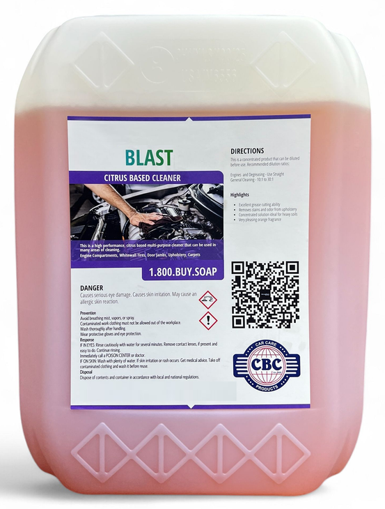 Large white-and-pink chemical container labeled “BLAST” with a QR code and product details