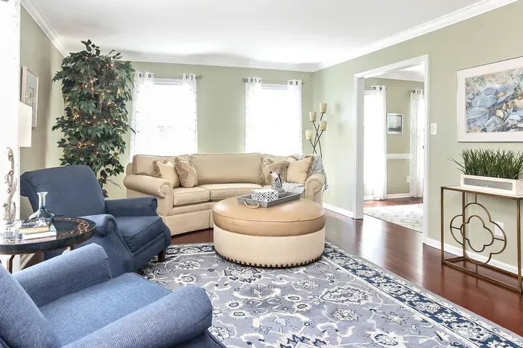 Living room with curved seating, patterned rug, and layered neutral furnishings