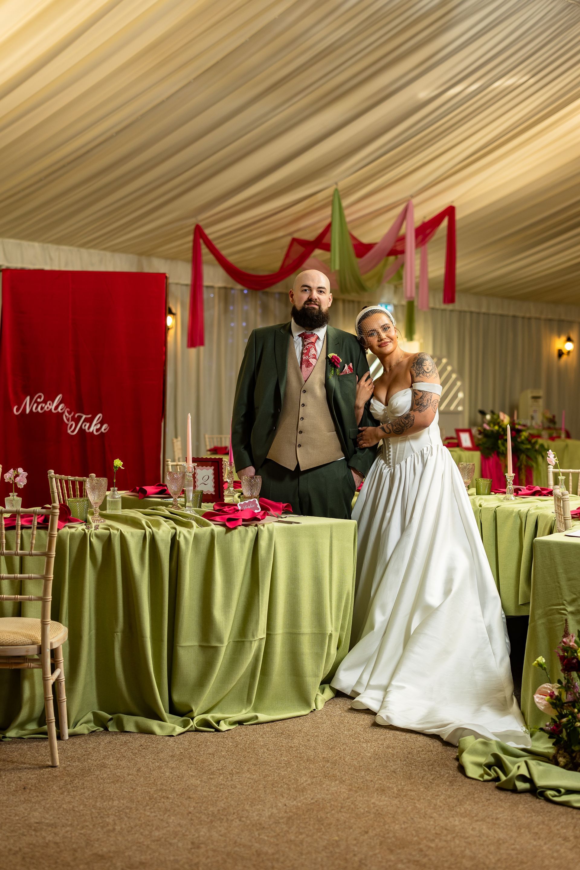 Norfolk Wedding Venue Styled in Pink and Green Colours with a Bride and Groom Couple