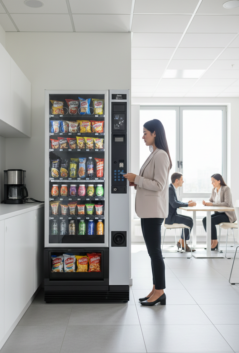 Woman using a vending machine in a bright office break room while two people sit at a table nearby.