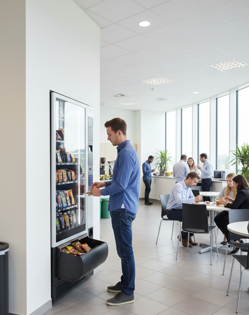 Office worker using a vending machine in a bright break room with seated coworkers nearby