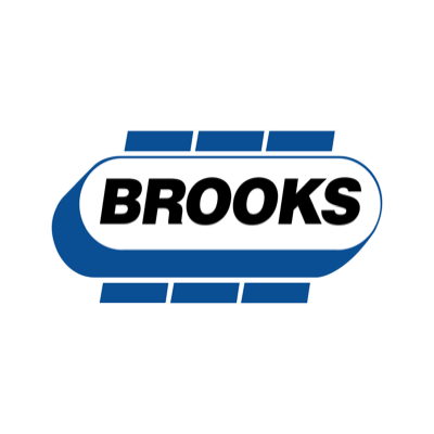 Blue and white Brooks logo with bold black text inside a rounded oval