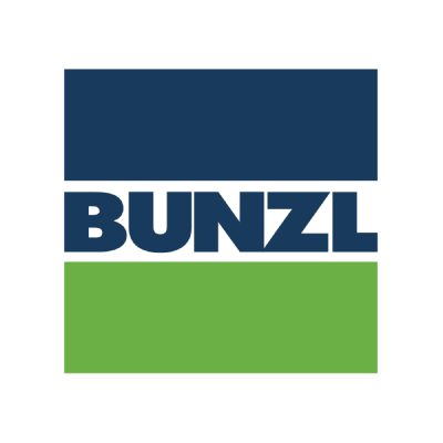 Bunzl logo with navy and green blocks and black text on a white background