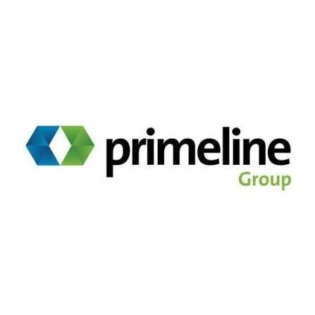 Primeline Group logo with blue and green hexagon icon and black and green text