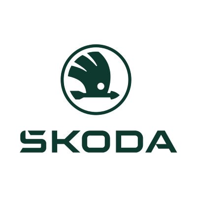 Škoda logo with green emblem and wordmark on a white background