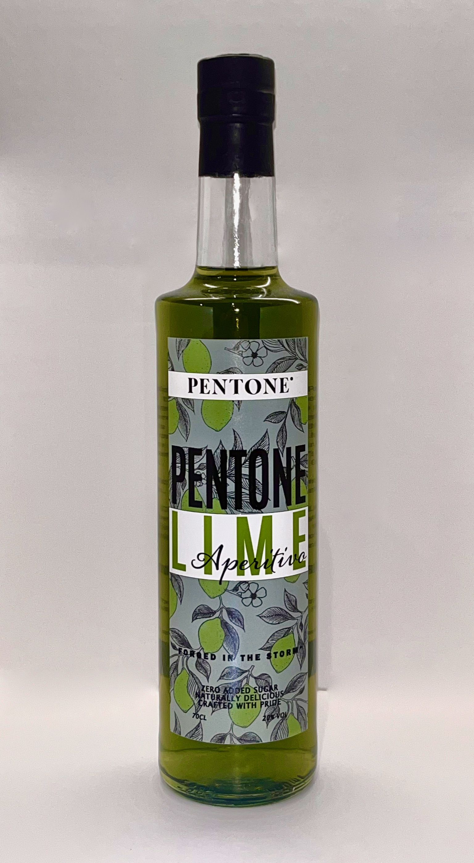 A bottle of pentone lime sits on a white surface