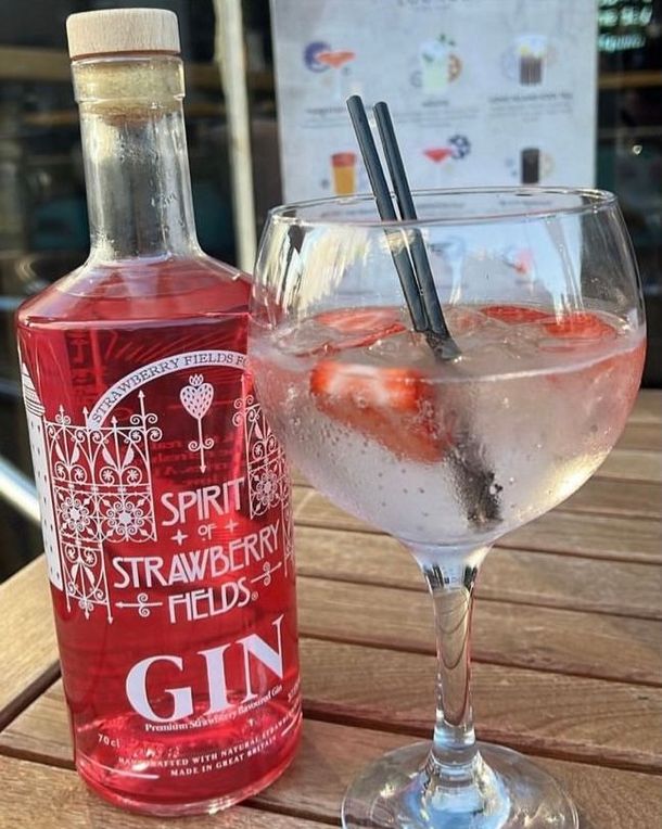 Strawberry Fields Gin served in a balloon glass with strawberries and tonic