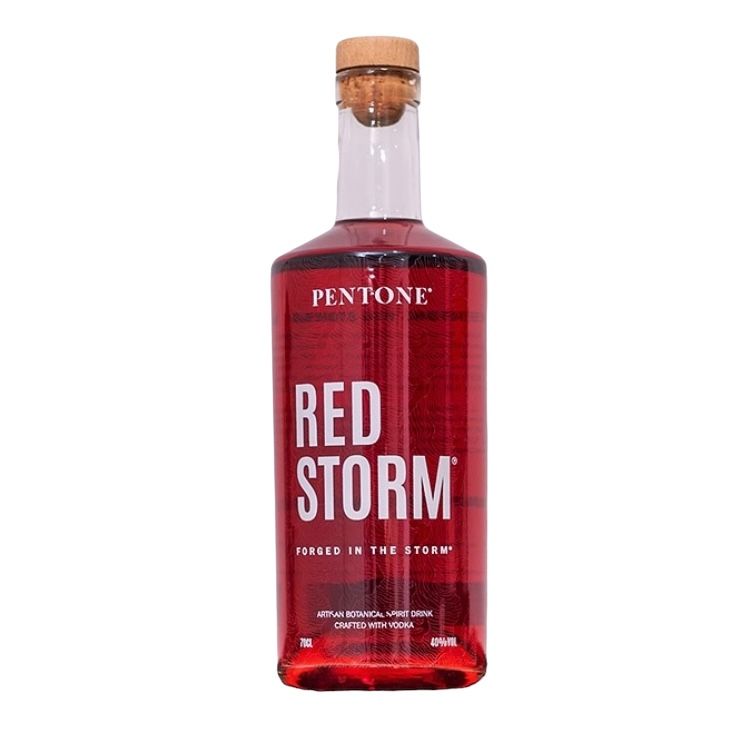 A bottle of red storm vodka with a natural cork top