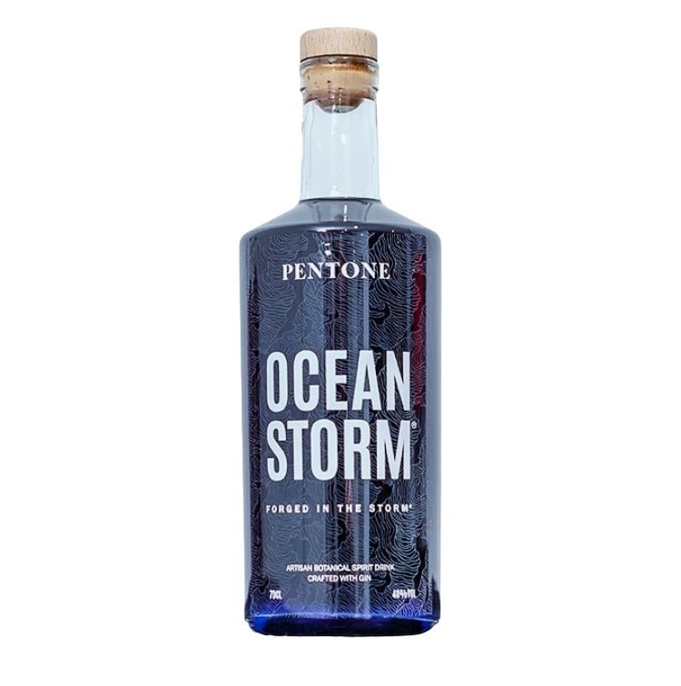 A beautiful blue and white bottle of ocean storm gin 