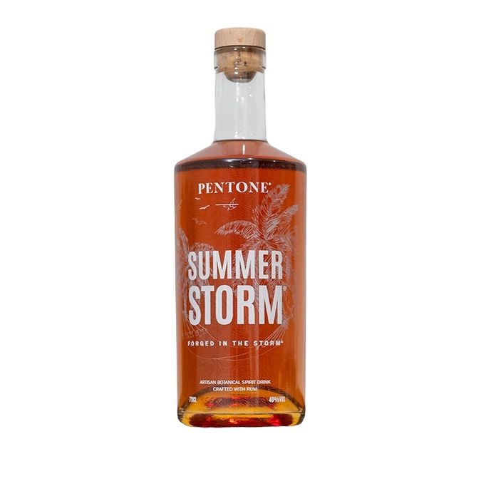 A bottle of pentone summer storm rum on a white background.