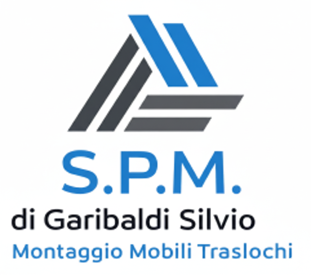 Logo per l'azienda SPM; disegno astratto a forma di triangolo blu e grigio sopra il testo. Il testo sottostante recita