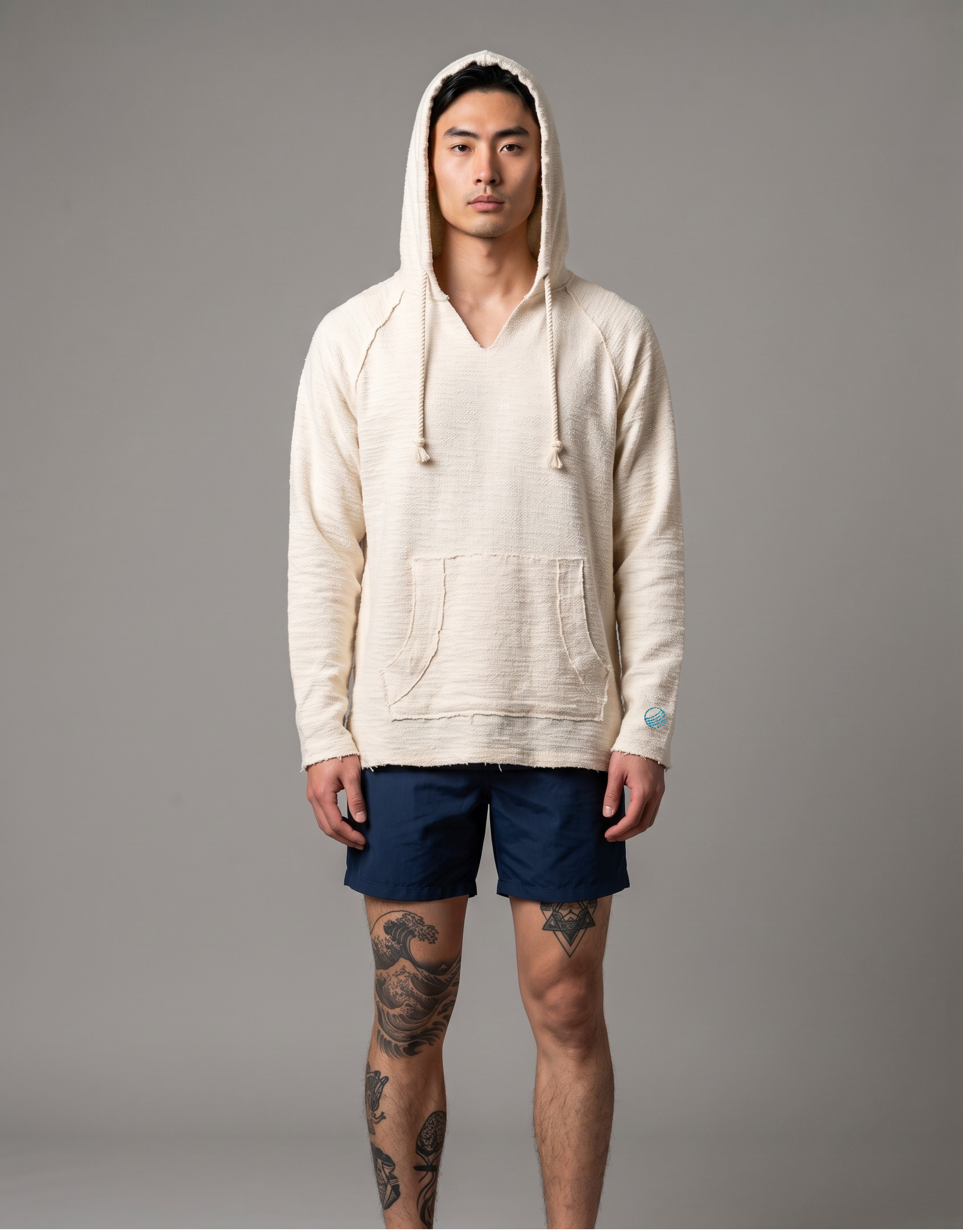 grey long sleeve shirt with large white Easy Vibes logo on the front