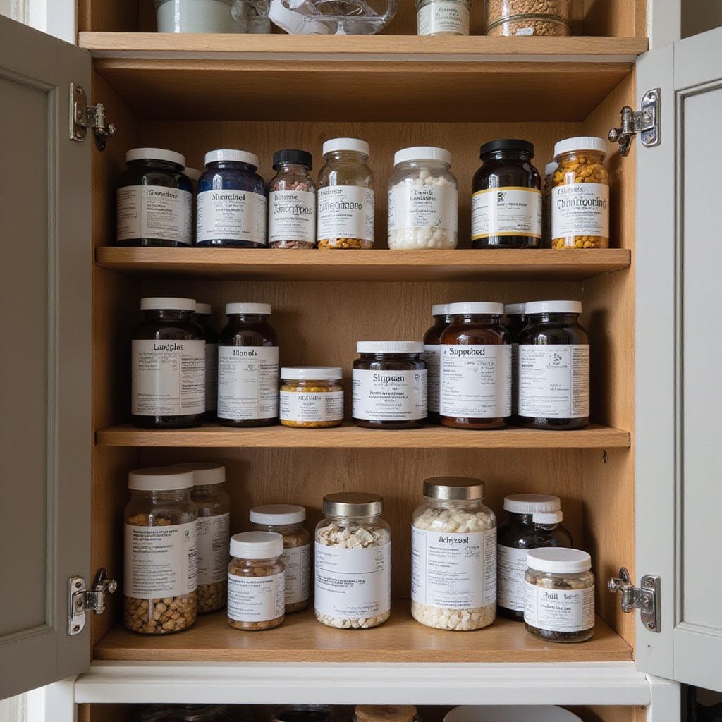 Open cabinet shelf lined with assorted supplement and medicine jars with white labels and dark lids