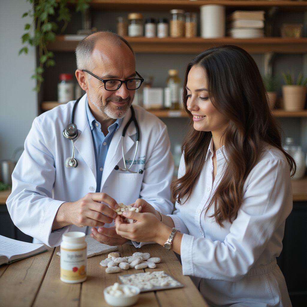 Doctor and patient reviewing medication in a clinic, with pill bottles and tablets on the table