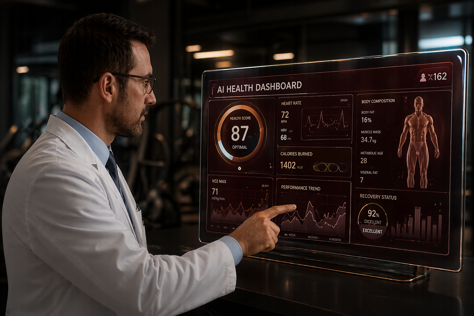 Doctor analyzing patient data on a glowing digital dashboard in a dark clinic setting