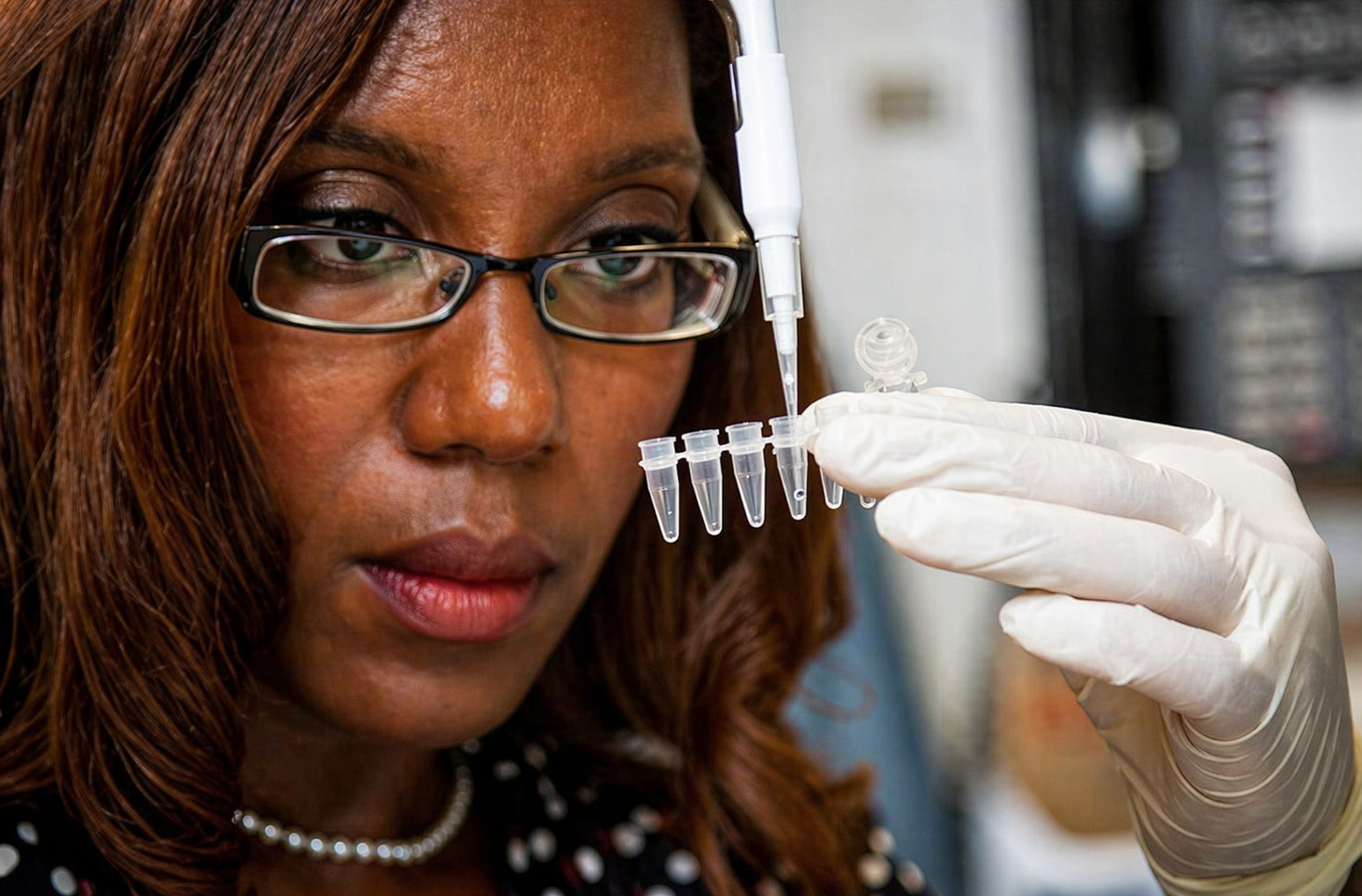 Scientist in lab gloves holding a small sample rack up for inspection