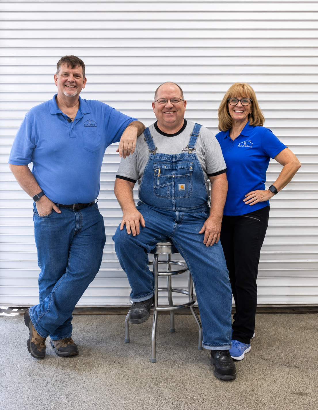 Three people posing indoors against a white corrugated wall, smiling in blue shirts and jeans.